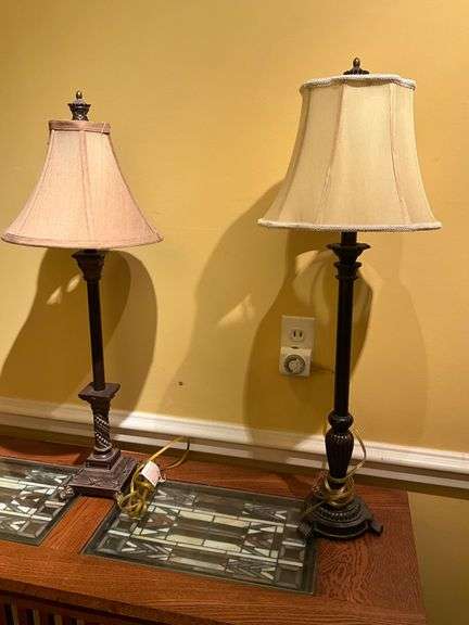 Table Lamps with Beige Fabric Shades and Ornate Bases