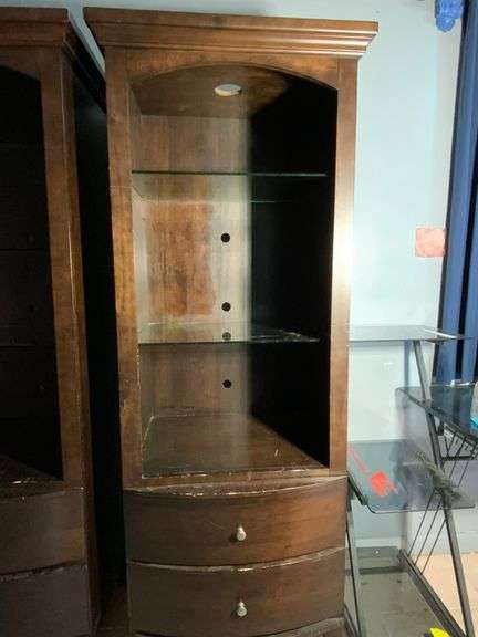 Wooden Display Cabinet With Glass Shelves and Drawers