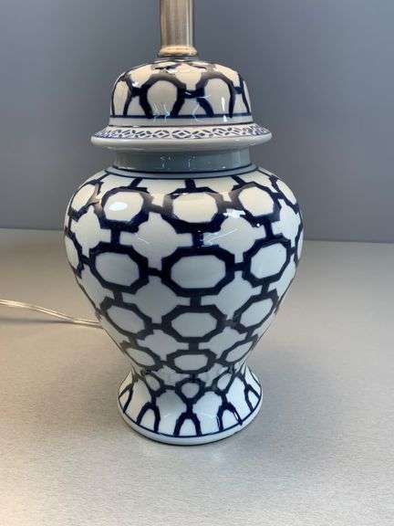 Ceramic Table Lamps with Blue Geometric Pattern and White Shades