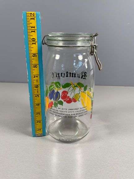 Glass Rumtopf Jar with Fruit Design and Bail Lid