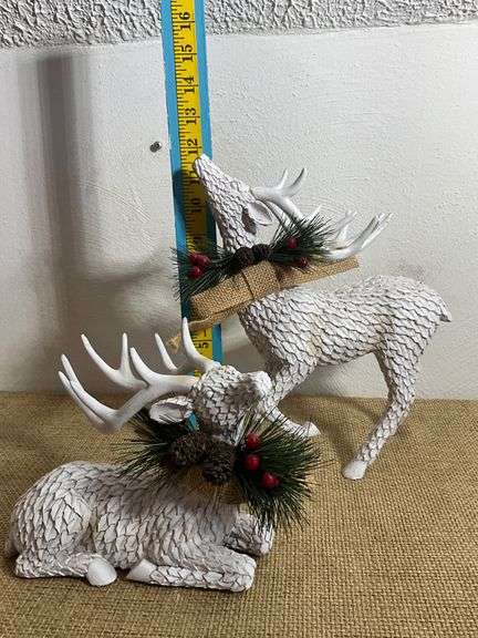 Two White Textured Reindeer Figurines with Holiday Accents