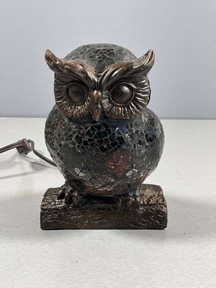 Black Mosaic Glass and Metal Owl Table Lamp