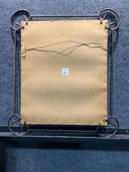 Wood-Framed Mirror with Metal Scrollwork Corners