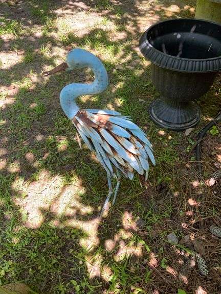 Metal Crane Garden Sculpture with Rusted Detailing