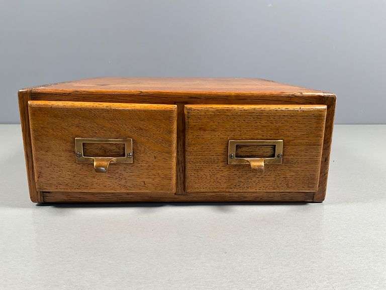 Two-Drawer Wooden Card File Cabinet with Brass Pulls