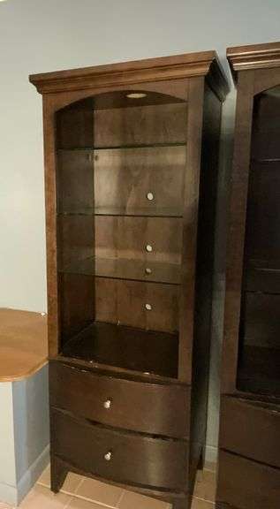 Wooden Display Cabinet With Glass Shelves and Drawers