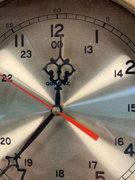 Quartz Wall Clock With Brass Porthole-Style Frame and Wood Backing