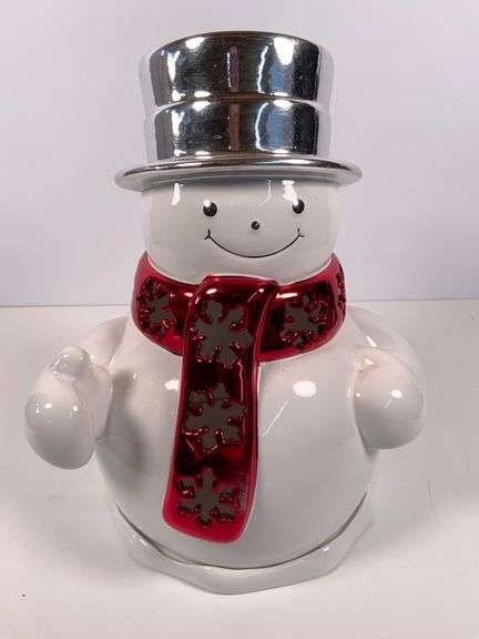 2010 Harry Slatkin Snowman Candle Jar With Chrome Colored Top Hat