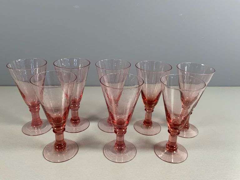 8 Pink Glass Goblets with Decorative Stems