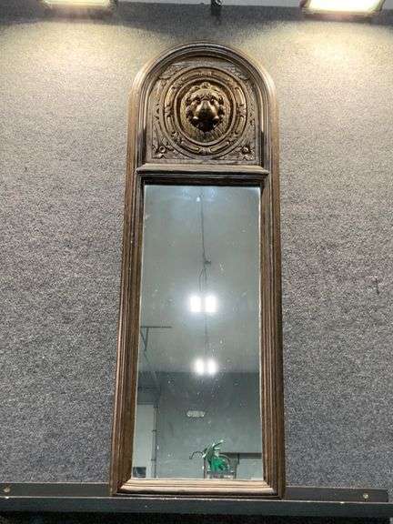Arched Wooden Wall Mirror with Carved Lion Head Detail