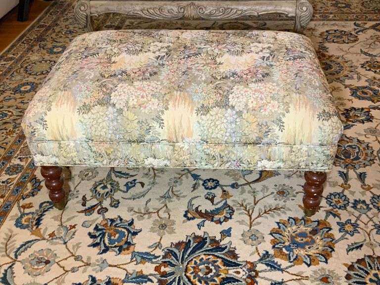 Upholstered Ottoman With Floral Fabric and Turned Legs