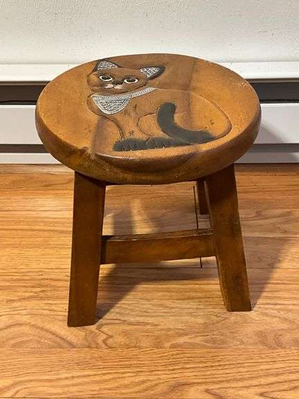 Wooden Stool with Painted Cat Design and Metal Accents