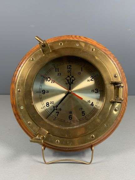 Quartz Wall Clock With Brass Porthole-Style Frame and Wood Backing