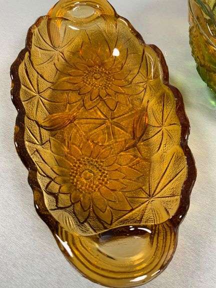 Three Amber and Green Pressed Glass Bowls