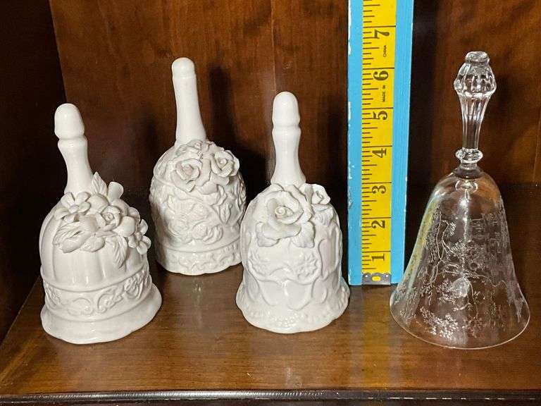 Ceramic Floral Bells and Etched Glass Bell Set