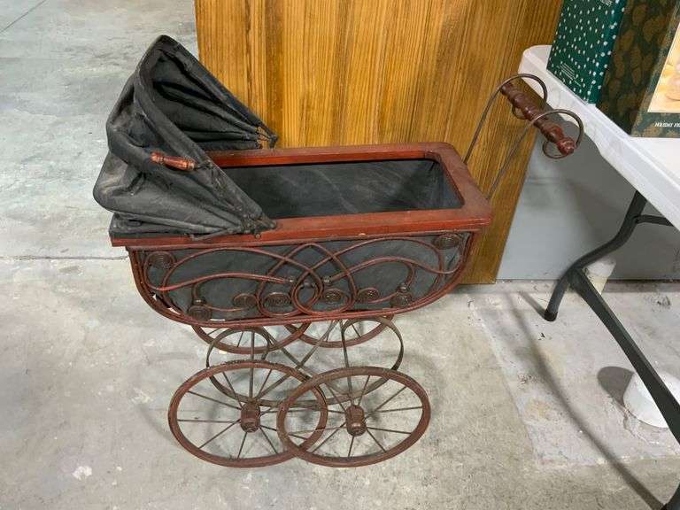 Victorian-Style Metal and Wood Doll Stroller with Canopy