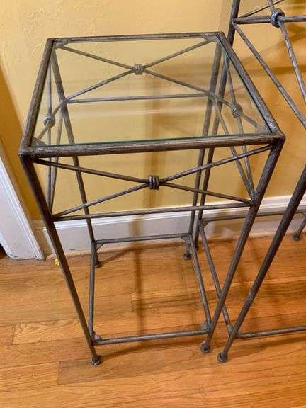 Two Metal and Glass Pedestal Tables
