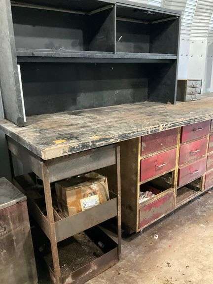 Industrial-Style Workbench with Storage Drawers and Shelving