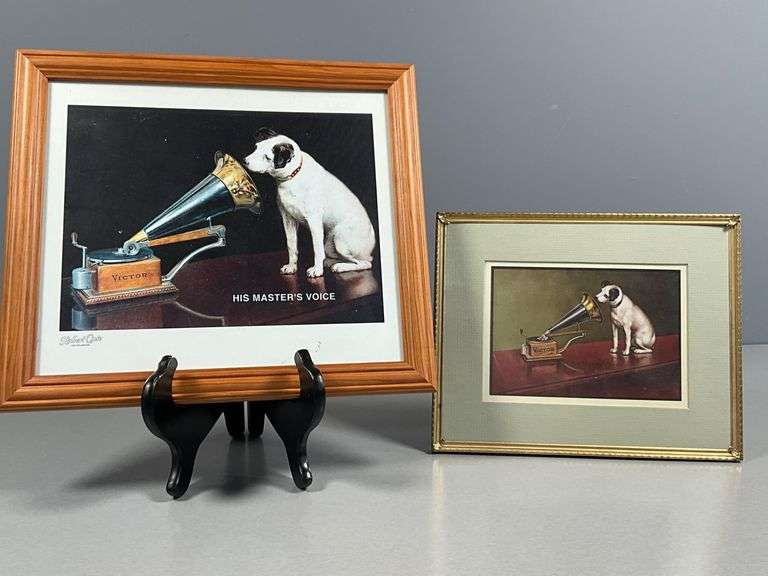 Two Framed Prints Depicting ‘His Master’s Voice’ with Gramophone by Victor