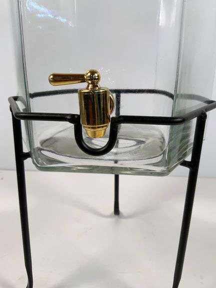 Glass and Metal Beverage Dispenser with Stand and Gold-Tone Tap