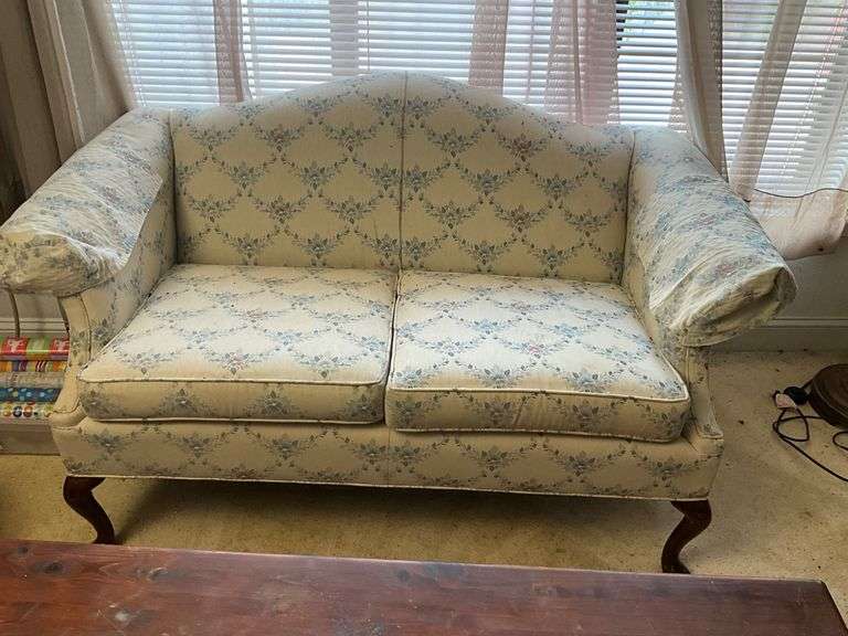 Upholstered Loveseat with Floral Pattern and Wood Legs