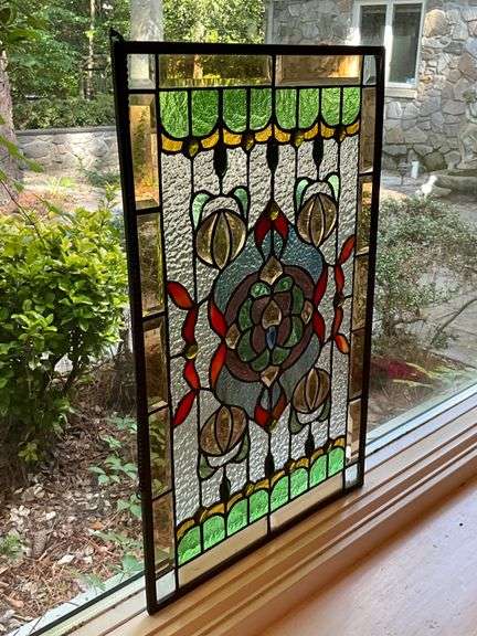 Stained Glass Panel With Floral and Geometric Design