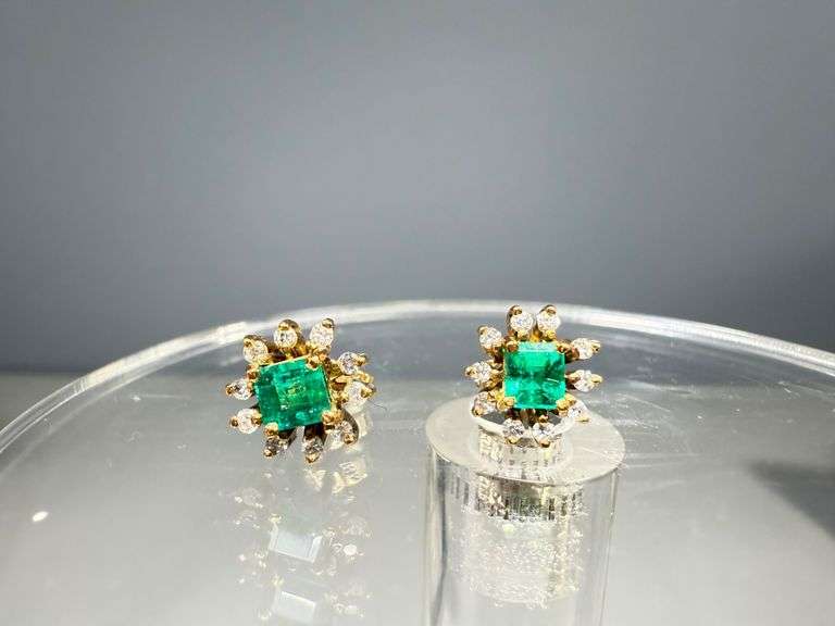 18K Gold Emerald and Diamond Earrings with Butterfly Backs