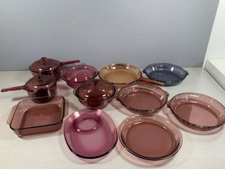 Corning and Pyrex Vision Glass Cookware in Pink, Amber and Purple