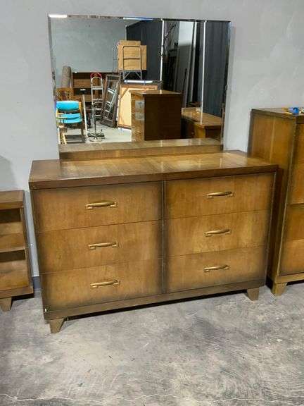 1953 MCM Chinchilla Six-Drawer Dresser with Beveled Mirror