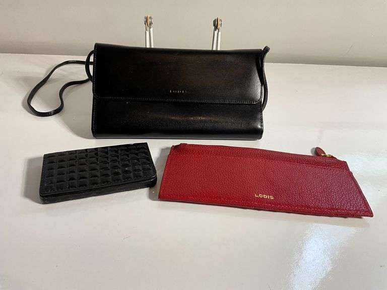 3 Lodis Leather Accessories: Black Clutch, Red Wallet, Black Card Holder