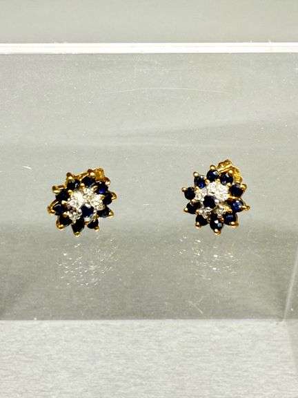 10k Gold Earrings With Sapphire and Diamond Cluster Design