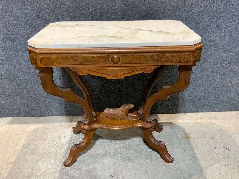 Wooden Table with Removable Marble Top and Carved Dog Motif, Circa 1900