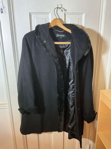 Ellen Tracy Black Coat With Faux Fur Trim, Size 8