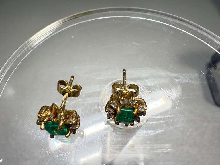 18K Gold Emerald and Diamond Earrings with Butterfly Backs