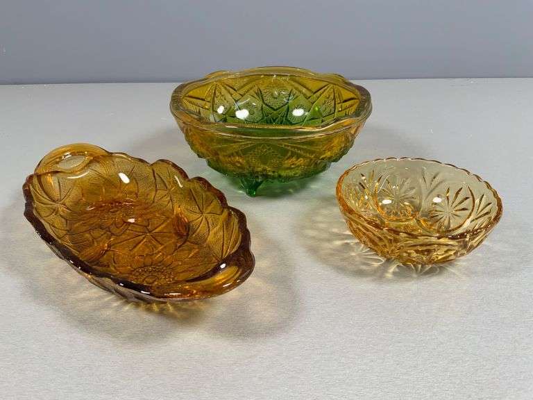 Three Amber and Green Pressed Glass Bowls