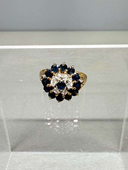 10K Yellow Gold Ring with Diamonds and Blue Sapphires in Cluster Design