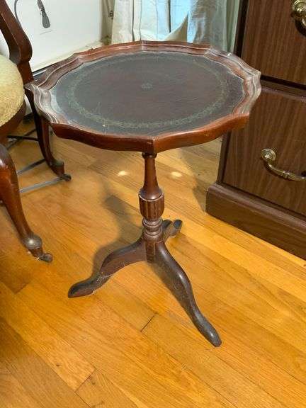 Wooden Pedestal Table with Leather Top and Scalloped Edge