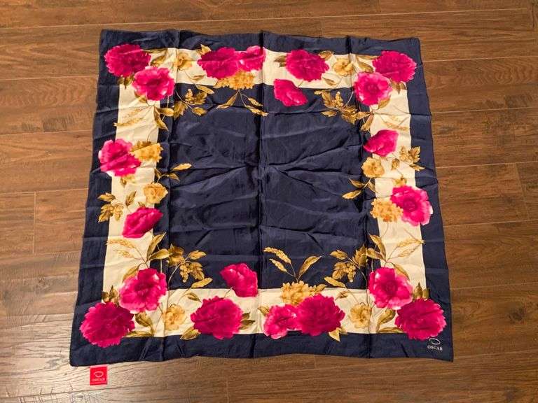 Oscar Navy Silk Scarf with Floral Design