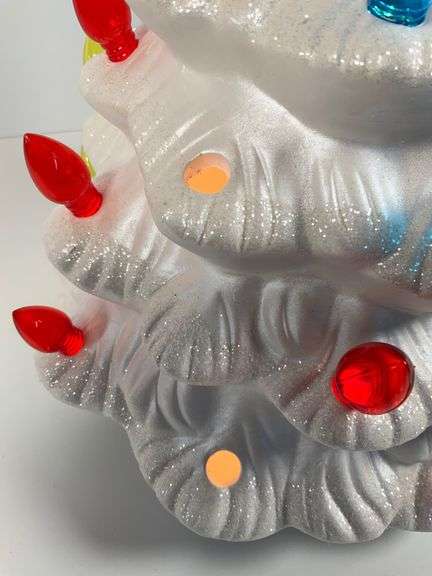 White Glitter Ceramic Christmas Tree With Plastic Multicolored Lights and Star Top