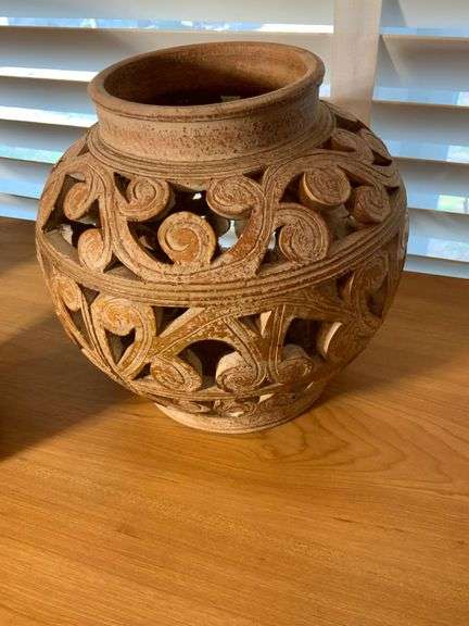 Three Decorative Pottery Planters With Carved Designs