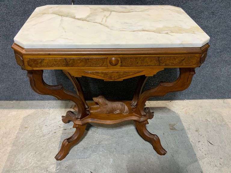 Wooden Table with Removable Marble Top and Carved Dog Motif, Circa 1900