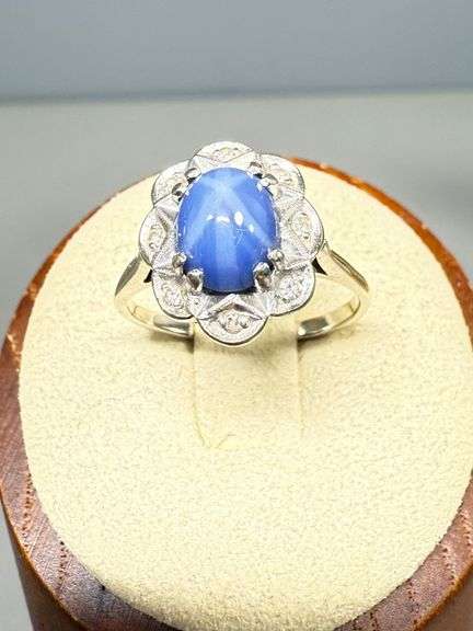 Silver Ring With Synthetic Star Sapphire and Diamonds, Size 6.5