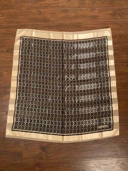 Coach Silk Scarf With Signature Pattern and Beige Border