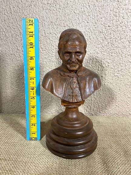 Handcrafted Wooden Bust of Clergyman Signed and Dated 1986