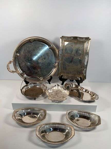 Silver-Plated  and Silver Toned Trays and Dishes by Multiple Makers