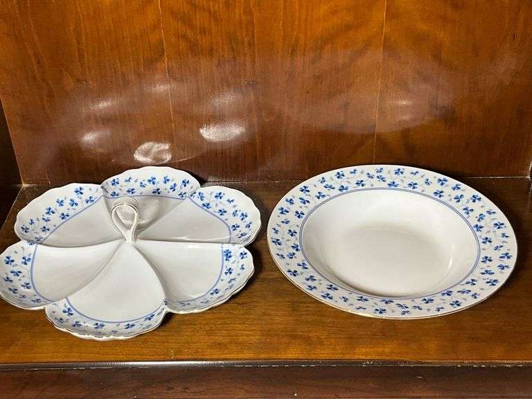L. Godinger & Co. Porcelain Divided Serving Dish and Bowl With Blue Floral Pattern