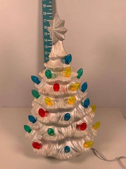 White Glitter Ceramic Christmas Tree With Plastic Multicolored Lights and Star Top