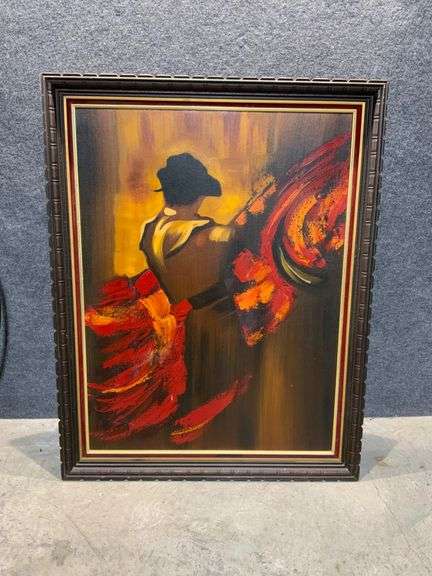 Abstract Painting of Matador in Dark Wood Frame With Gold Inner Lip