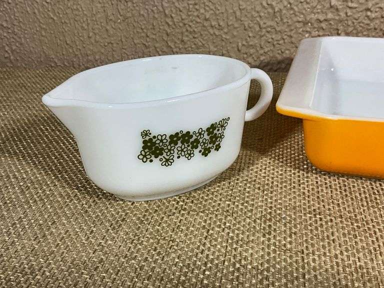 Pyrex Milk Glass Gravy Boat and Orange Baking Dish