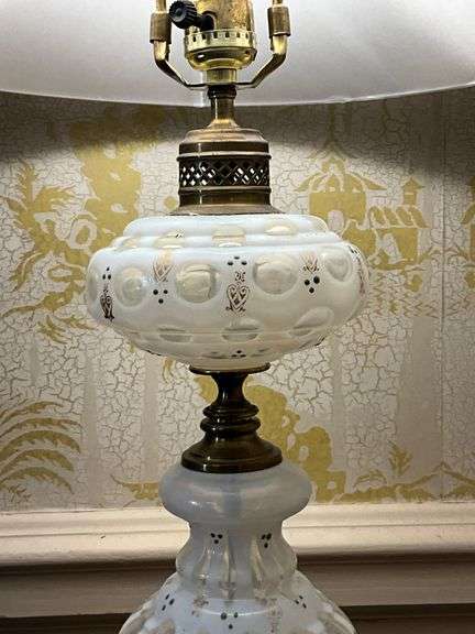 Opaline Glass Table Lamp With Brass Accents and White Shade